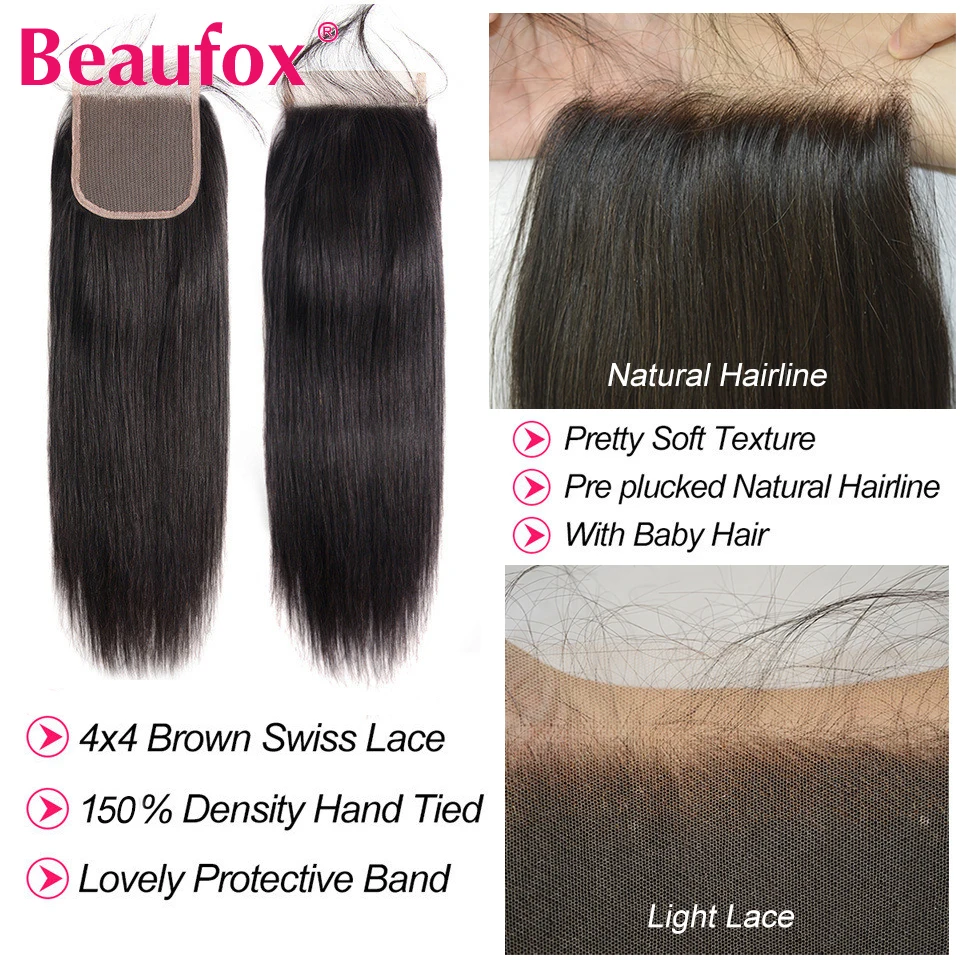 Beaufox-Peruvian Straight Pacotes de cabelo humano com fechamento, extensões naturais de cabelo preto, cabelo virgem, 3 Pacotes