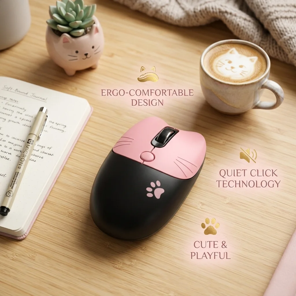 2.4G Wireless Optical Mouse Office Kawai Cut Cat Cartoon Design Slient Click Mouse For PC Computer Laptop Tablet  For Girls/Gift