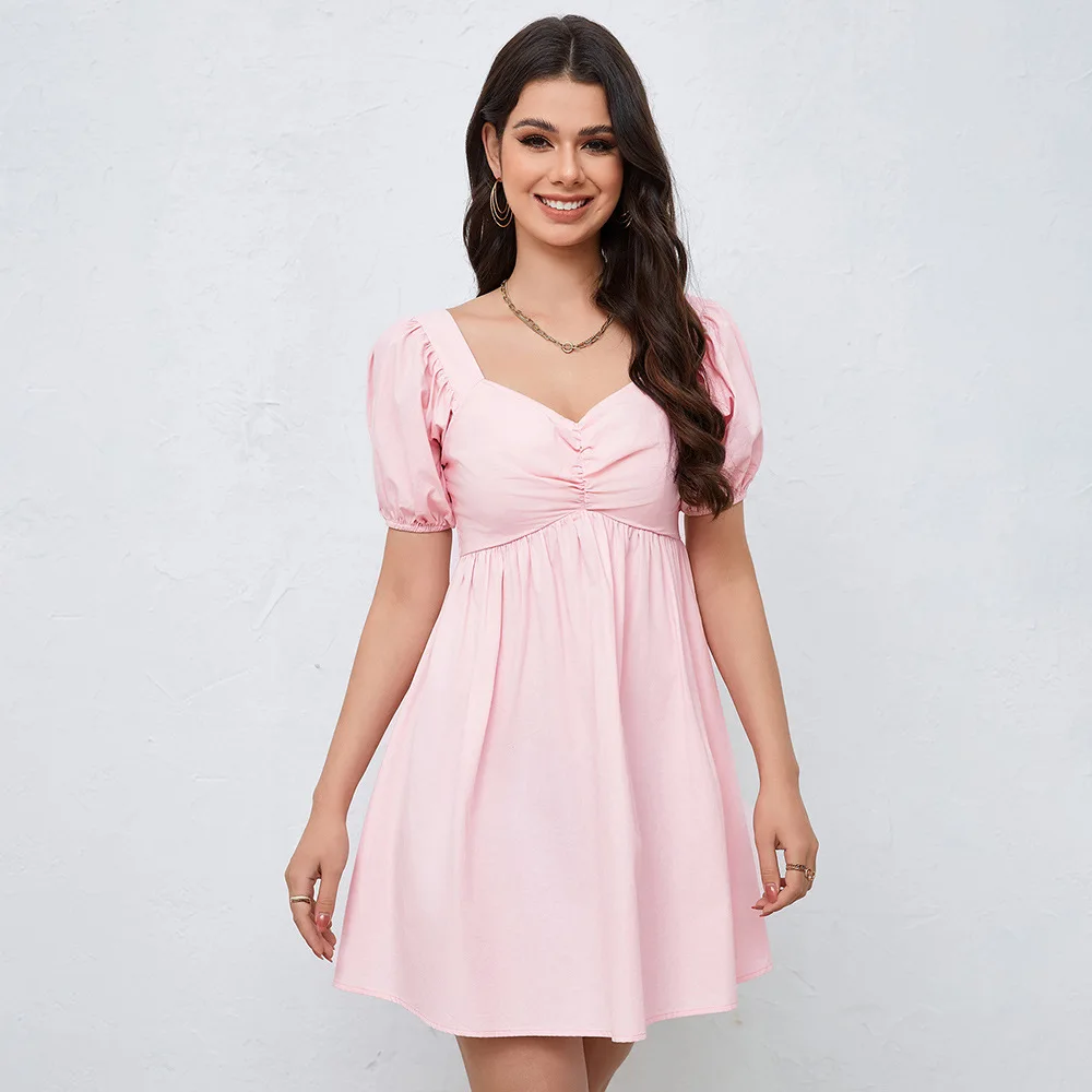 YJKDYK 2025 Summer Women's Dress V-neck Bubble Sleeves Lady Dress Solid Color Small-waisted Dress For Women Holiday Beach Dress