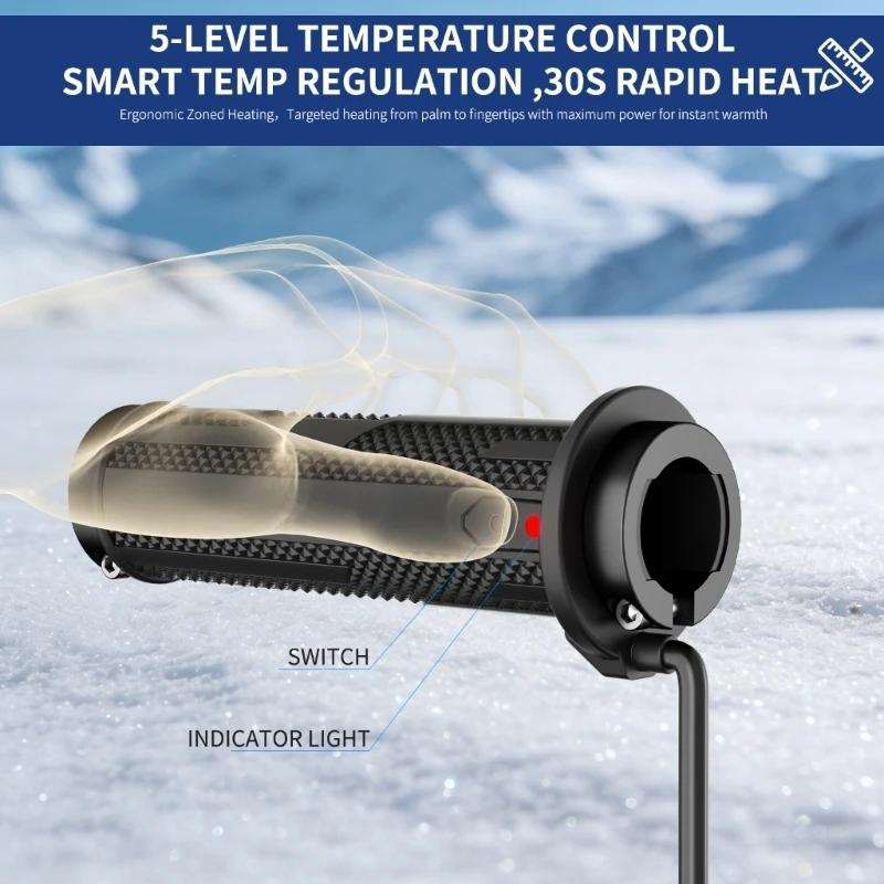 Cold-Weather Heated Handlebar Grip Pair with 12 V Input, Selectable Warmth Control, Previous-Setting Memory, and Mounting and