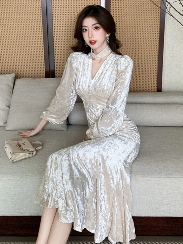 Robe de bal sirène en velours pour femmes, Vintage français, manches longues, Style élégant, Slim, moulante, vêtements de soirée, nouvelle collection automne