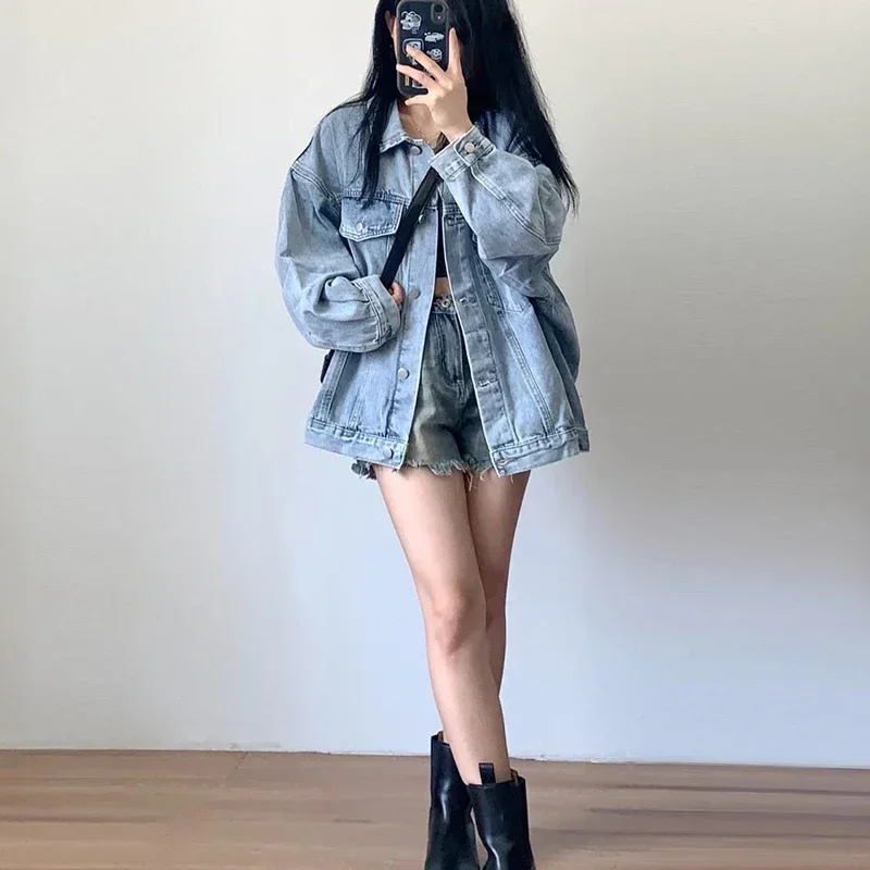 Korean Style Denim Jacket Women 2025 spring New Long Sleeve Blue Coats Woman Retro Turn Down Collar Loose Jean Jacket Female