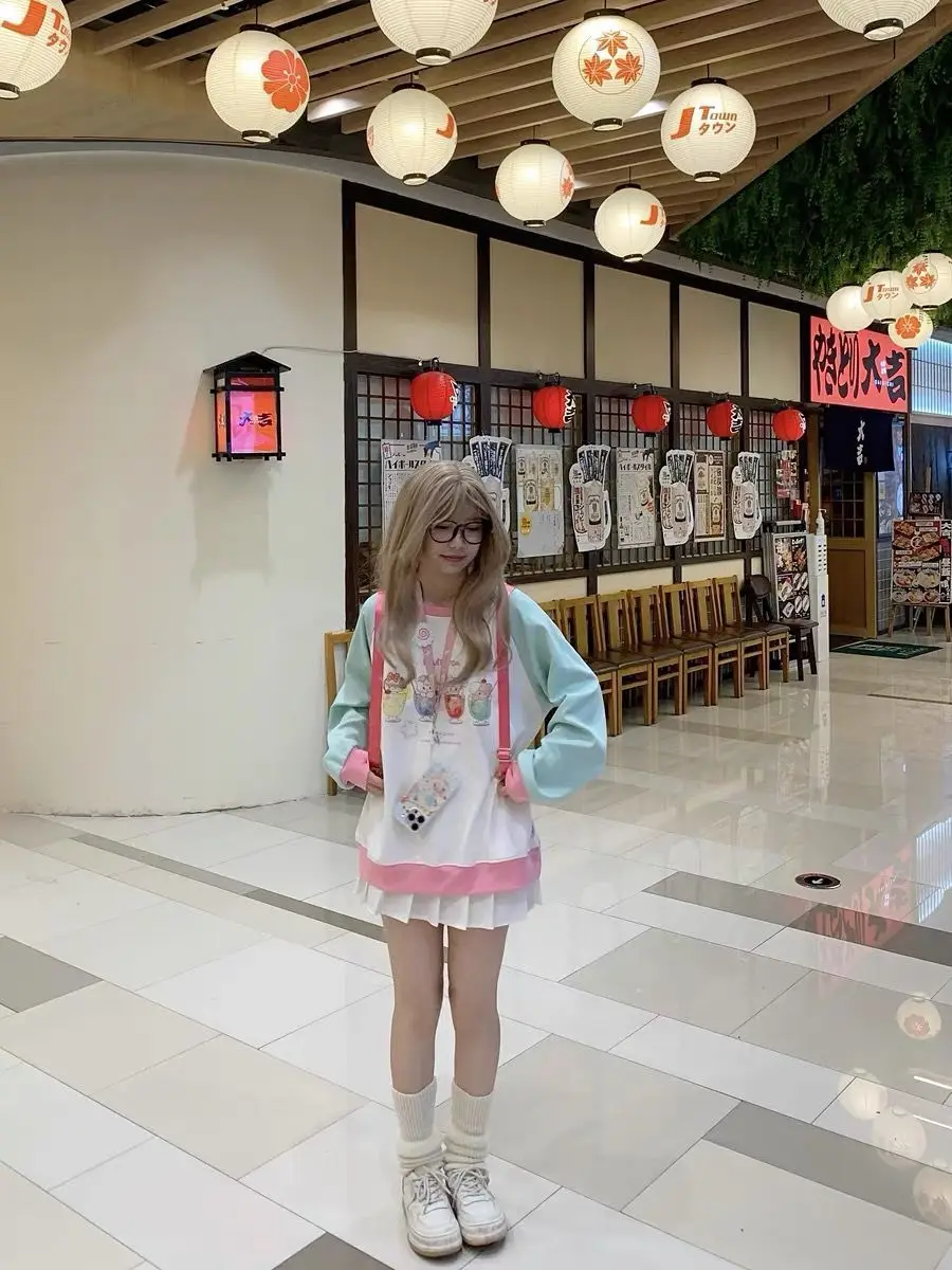 Japanese Cute Patchwork T-shirt Harajuku Cartoon Print Long Sleeve Tops Y2k Clothing Women Spring Autumn Tees Student Dopamine