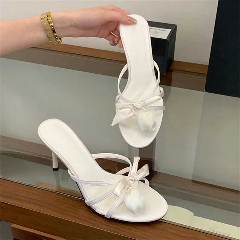 

Aneikeh Women White Satin Bow Knot High Heel Sandals Summer Open Toe Thin Stiletto Mules Slippers Elegant Party Wedding Shoes