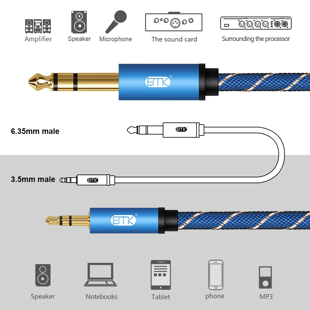 EMK Cavo audio stereo maschio da 6,35 mm 1/4 a AUX 3,5 mm Cavo jack AUX da 3,5 mm Cavo per auricolari per smartphone, laptop, chitarra, altoparlante