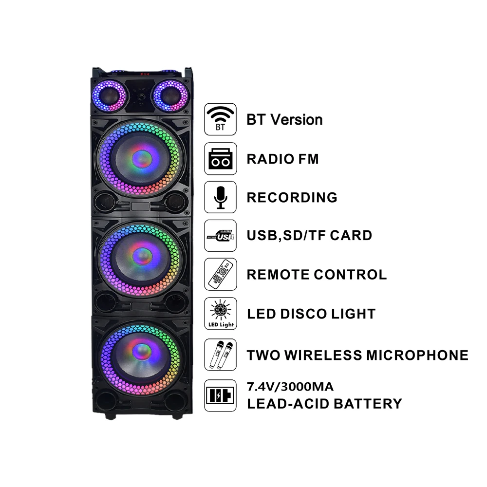 

Outdoor Portable Speaker System RGB LED Lighting Three 10 Inch Party Radio AUX Bt Speaker