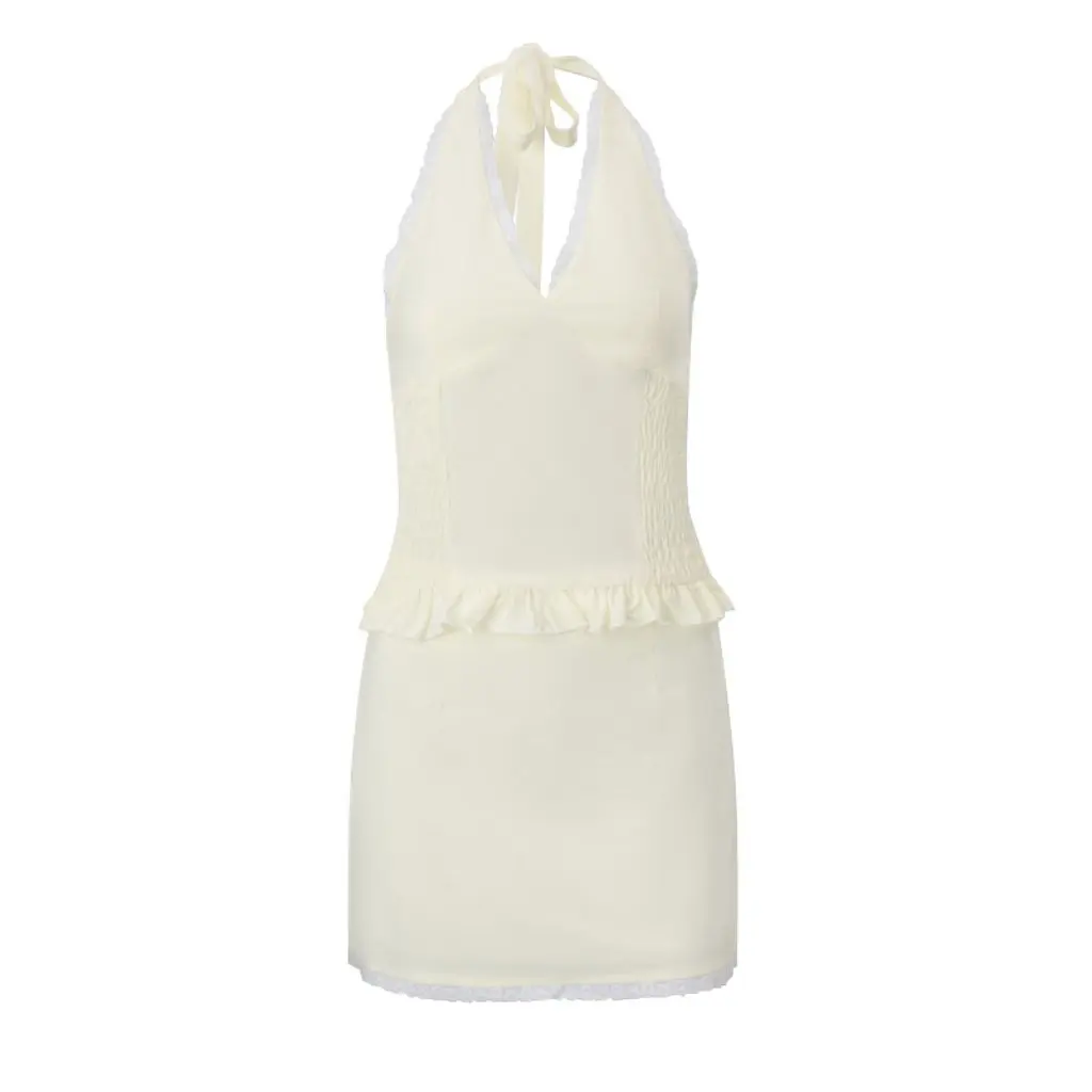 

Женский летний комплект из двух предметов в европейском и американском стиле с v-образным вырезом и лямкой на бретельках допамина и юбкой на бедрах