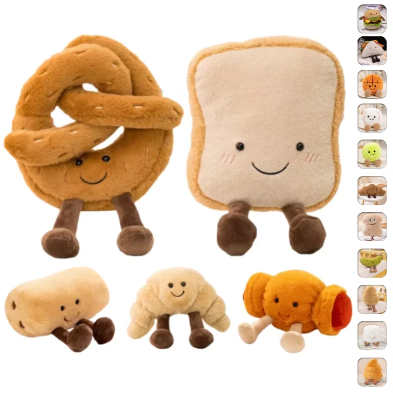 Juguete de peluche Kawaii de la serie de comida de pan caliente con expresión feliz, Baguette, croissant, salchichas, rollo frito de pan, muñeco de peluche, decoración del hogar