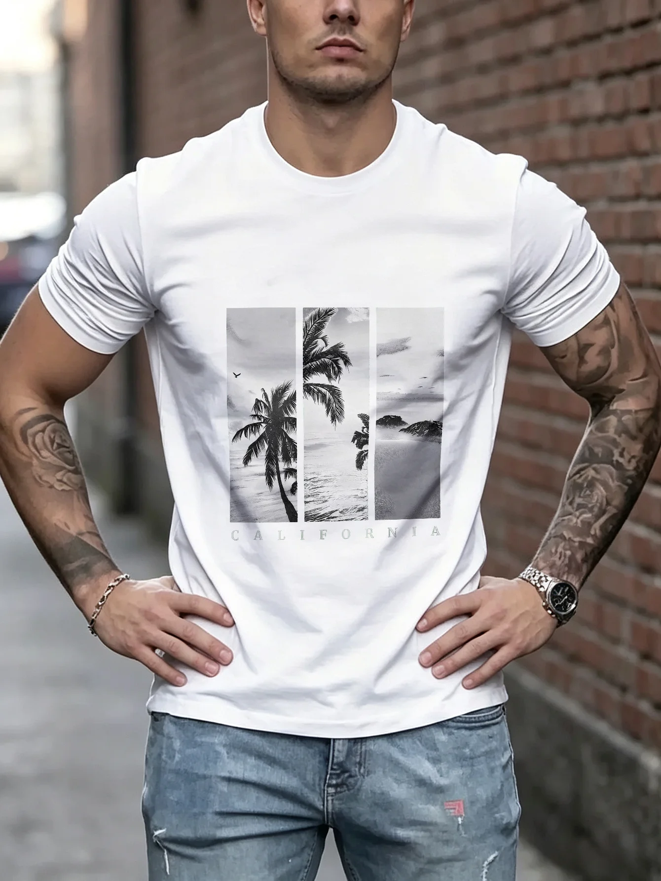 Unisex California Palm Tree TShirt, Vintage Beach Graphic Tee, Casual Coastal Style Summer Top, Black and White Tropical Scene, Relaxed Fit Vacation Shirt