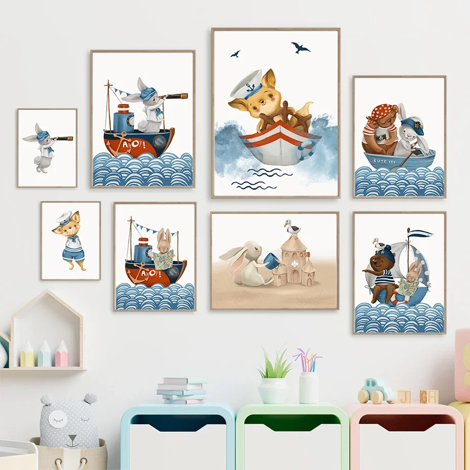 

Nordic Posters Cute Captain Bear Sailor Rabbit Fox Wall Art Canvas Painting And Prints Cartoon Wall Pictures For Kids Room Decor