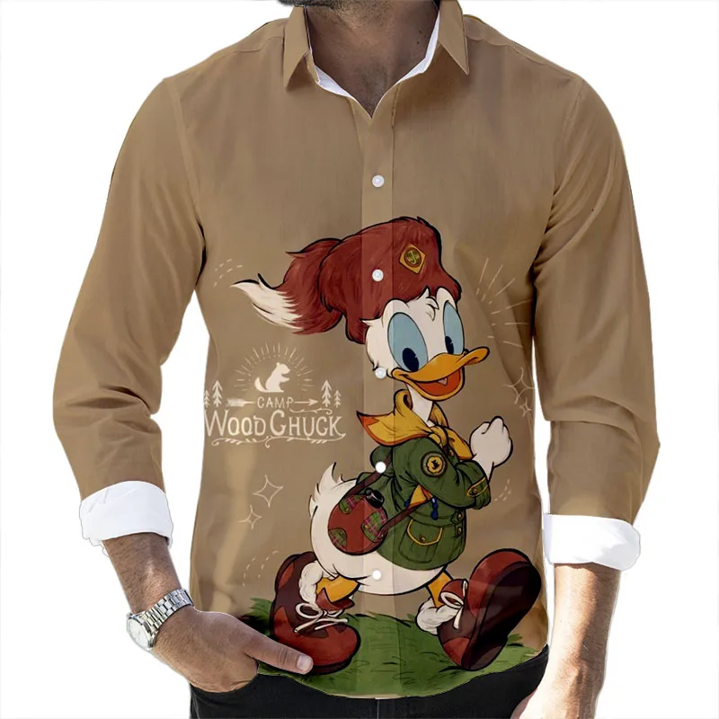 Disney-camisetas de manga larga con estampado 3D de dibujos animados para hombre, Camisa ajustada con solapa, informal, colección del Pato Donald, otoño de 2022