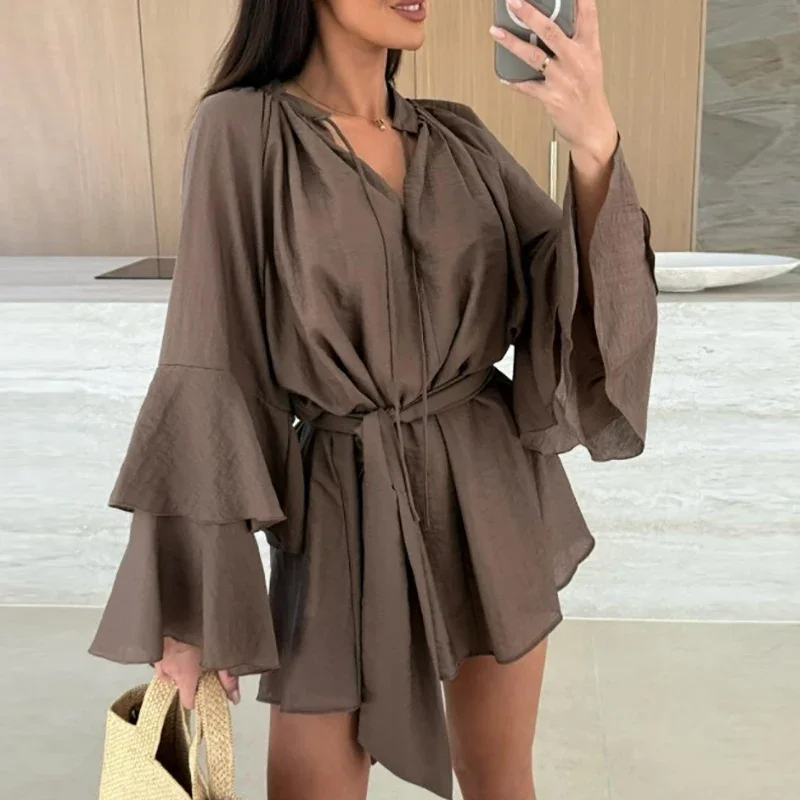 Sexy Deep V Lace Up Solid Color Women\'s Dress Spring Summer Ruffle Loose Mini Dress Casual Flare Sleeve Holiday Dresses Vestidos