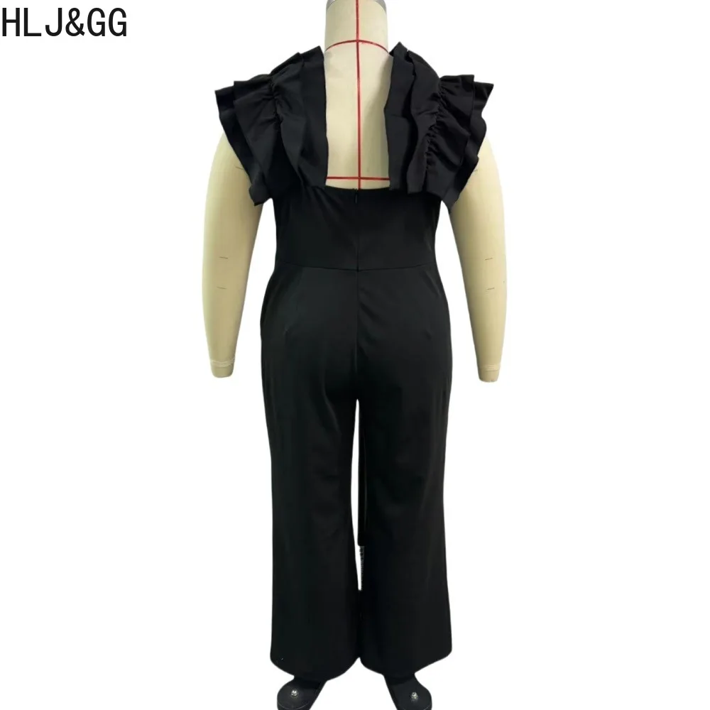 HLJ&GG Plus Size Women Ruffle Wide Leg Pants One Pieces Jumpsuits Elegant Sleeveless Backless Straight Playsuits Female Overalls