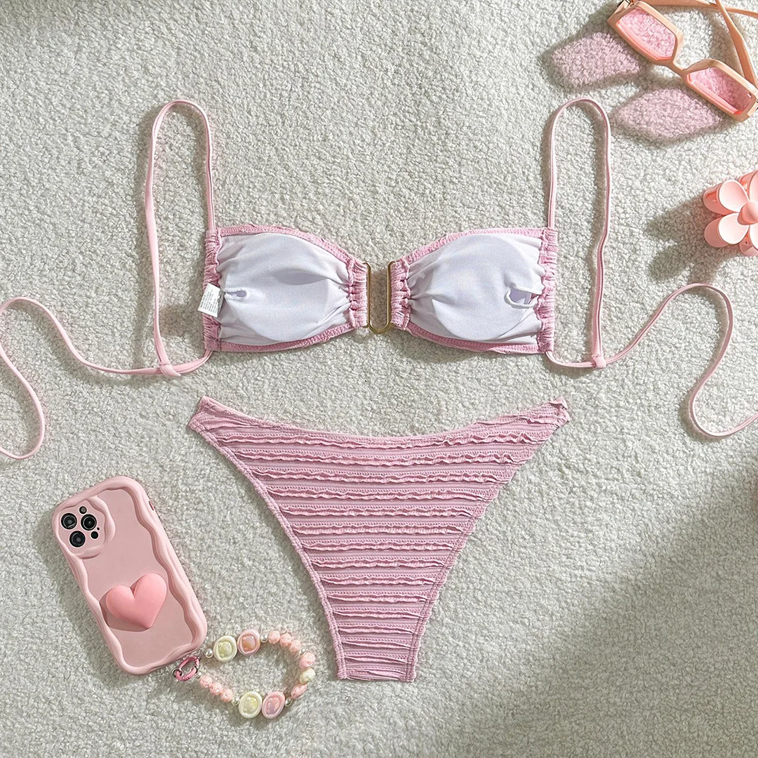 U-Ausschnitt, geraffter, geraffter Bikini, Damen-Badebekleidung, zweiteiliger Bikini-Set, hoch geschnittener Badeanzug, Badeanzug, Schwimmanzug V5708B – Detail 29