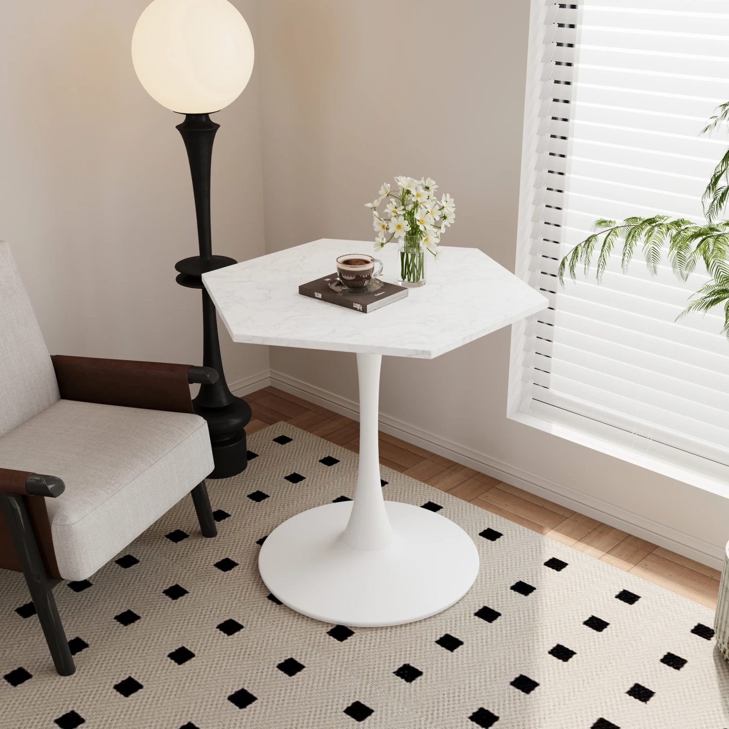 Modern Hexagonal Coffee Table with White Marble Top and Metal Base - Ideal for Dining, Kitchen, Living Room