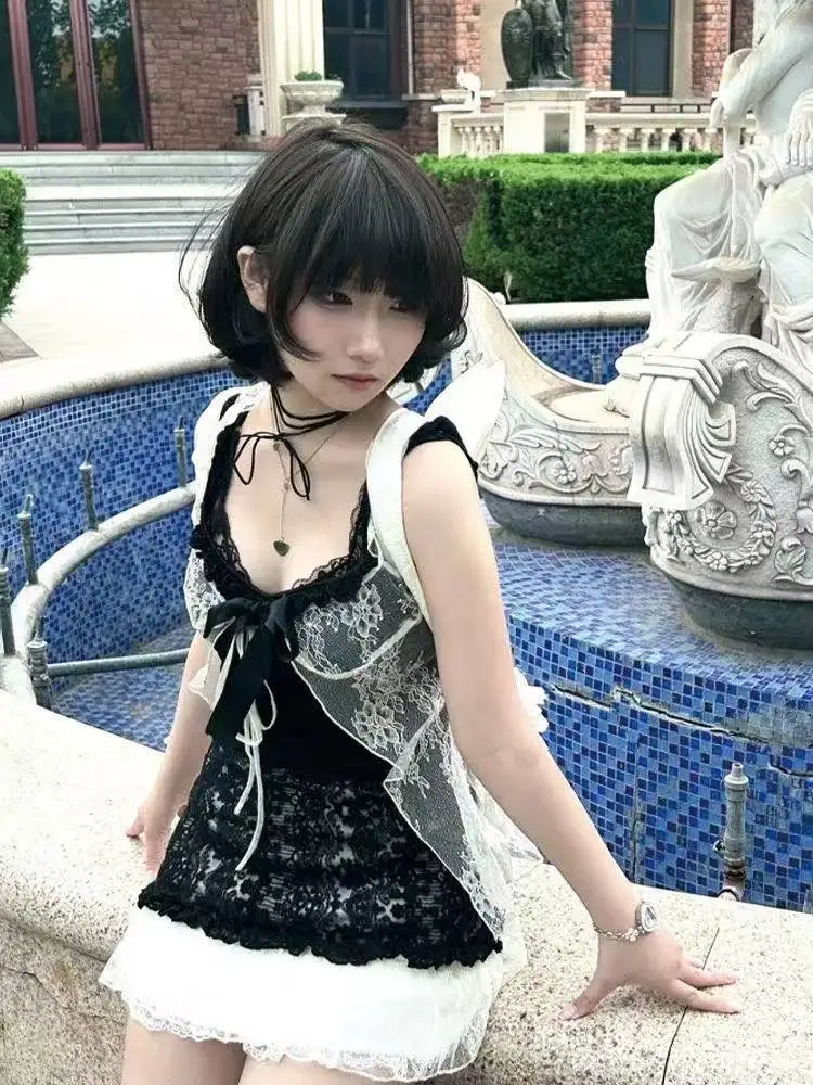 

Aesthetic Vintage Lace Slim Dress Women Gothic Sexy Y2k Lace Up Cardigan Women High Street Hot Girl Off Shoulder Sling Dresses