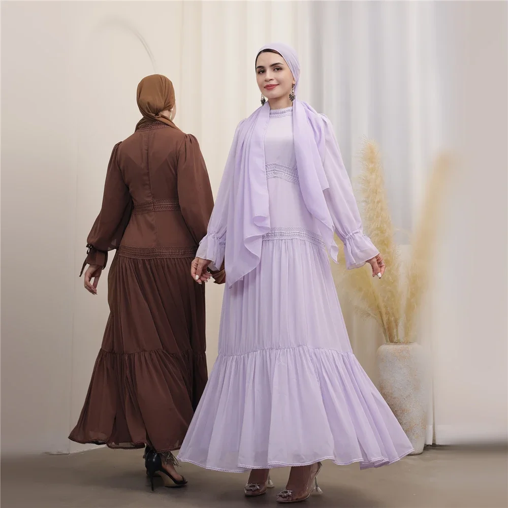 Ramadan Muslim Women Lace Maxi Dress Pleated Abaya Dubai Turkey Kaftan Islamic Clothing Arabic Robe Party Gown Modest Caftan Eid