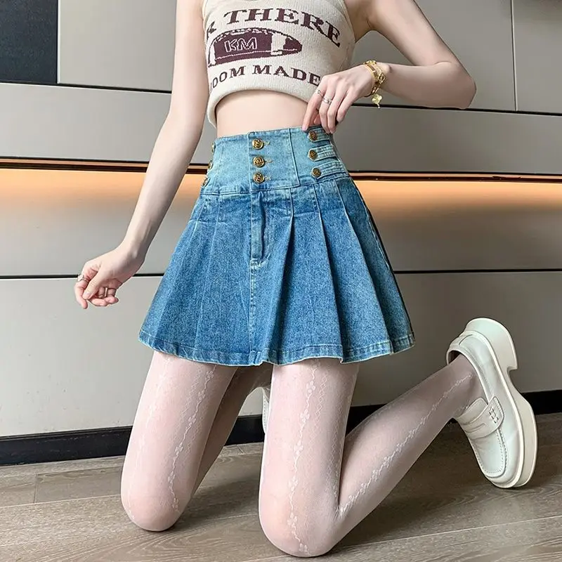 Denim Pleated Skirt, Button High Waist Versatile Slimming Fashionable And Age-Reducing Women Summer New Hot Girl A-Line Skirt