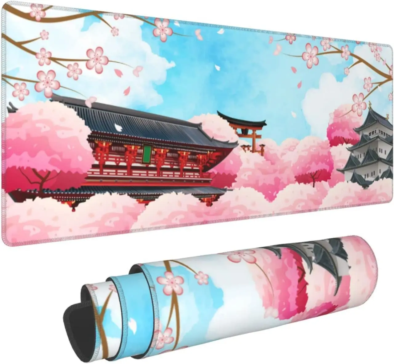 Japanese Cherry Mouse Pad XL Large Extended Mousepad Desk Pad Nonslip Rubber Mice Mats Stitched Edges Playmat 31.5x11.8 Inch