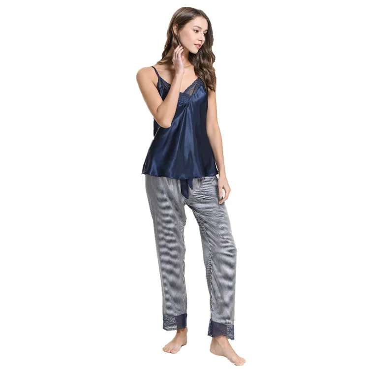 Pijama de encaje con cuello en V para mujer, pantalones con tirantes a rayas, traje de servicio a domicilio suelto y cómodo, se puede usar al aire libre, Verano