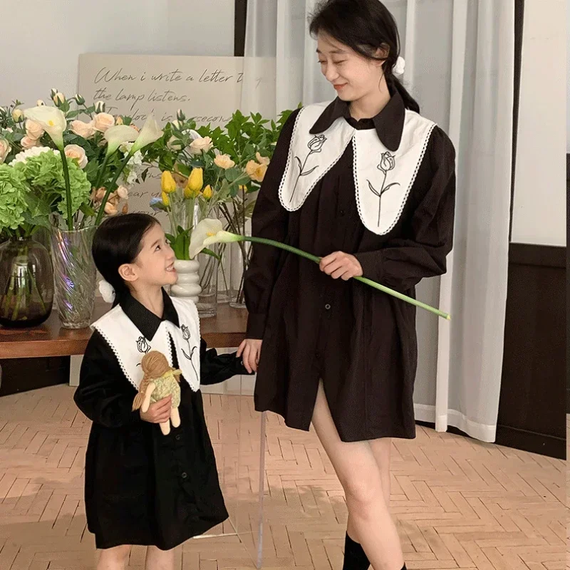 Autumn Mother and Daughter Black Dress Big Collar Vintage Mom Baby Girls Matching Clothes Equal 2023 Women Long Sleeve Dresses