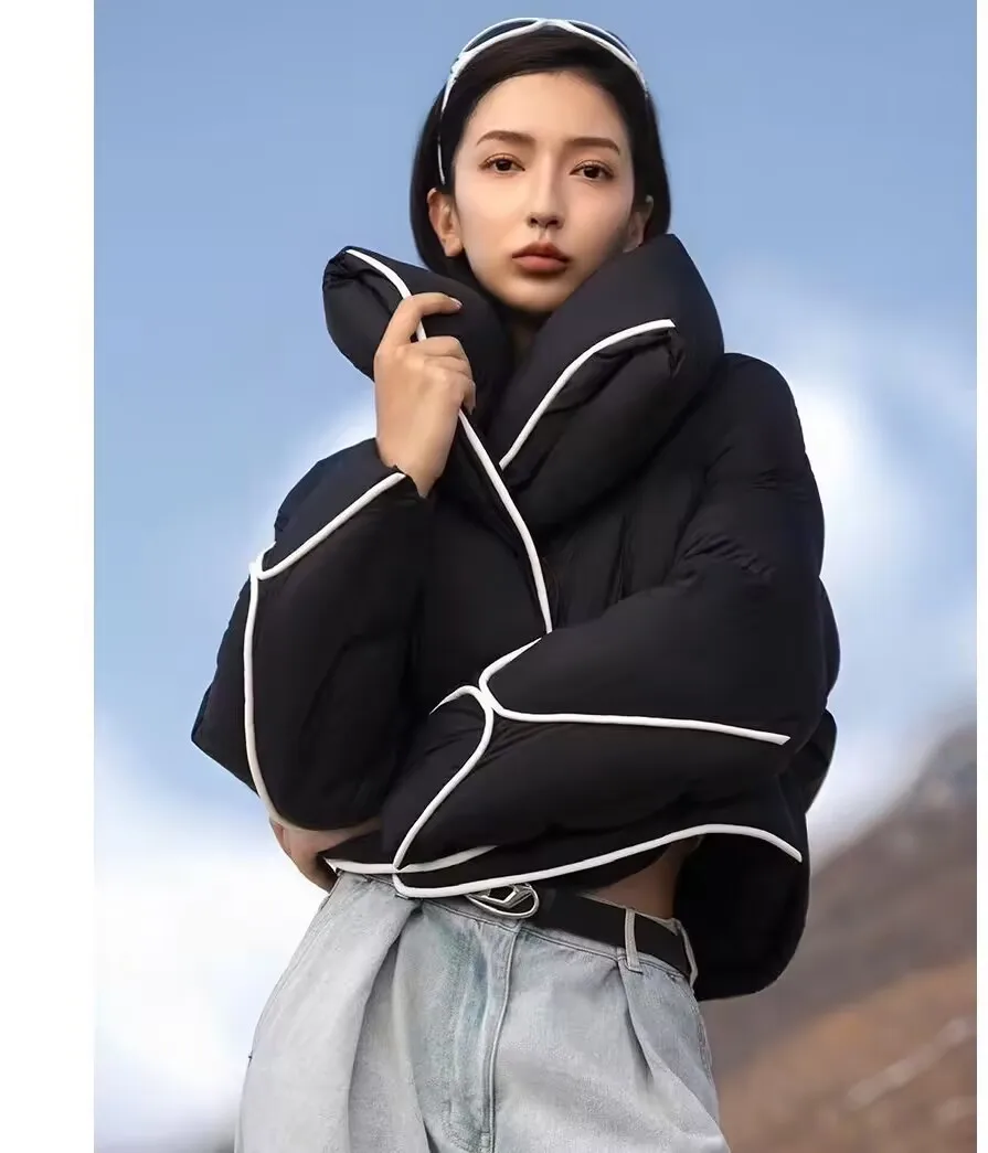 

Parkas Womens Crop Winter Sherpa Stuffed Double-Pocket Panelled Buttoned Stand-Collar Modern Minimalist Urban Streetwear Commute