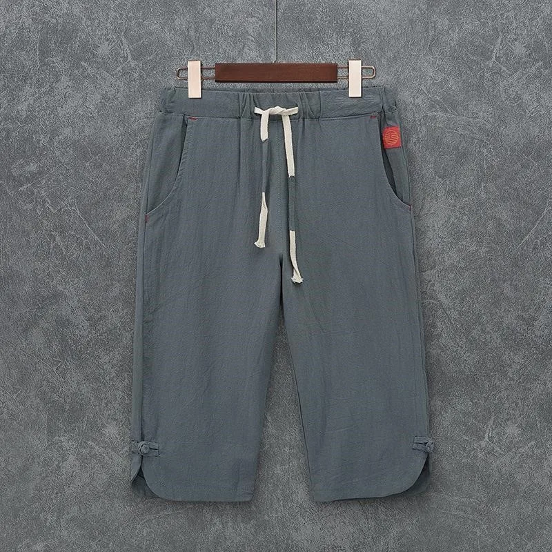 

Summer Men's Loose Fit Cotton Seven-Foot Pants Chinese Sle Youthful Retro Trousers with Button Detailing Casual Loose orts