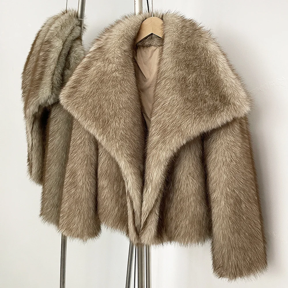 Fluffy Imitation Fur Coat Gradient Winter Clothes Woman Eco-Friendly Cozy Big Fur Collar Faux Fox Fur Jacket Female Outerwear