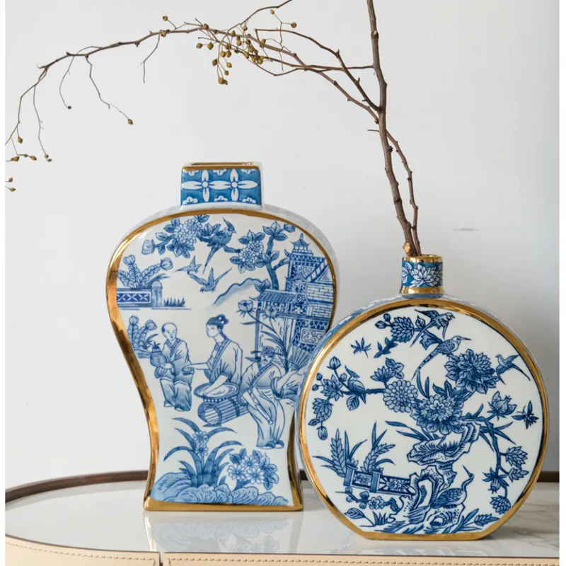 Oriental Paris Blue and White Porcelain Flower Vases, New Chinese Style, Ink Painting Plant Vases, TV Cabinet, Home Decoration
