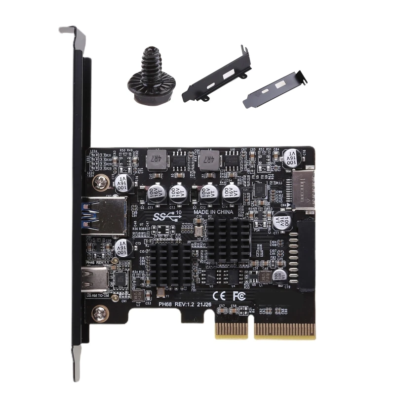 2 Ports PCI-E 4X to USB 3.2 Gen 2 A Type C Expansion Card front Type E 19P/20P Connector 10Gbps Full Speed Transmisson