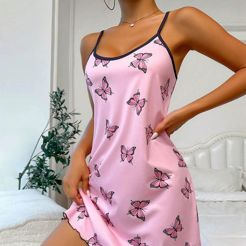 

Summer New Butterfly Print Silk Satin Nightdress Women's Home Clothes Casual Comfortable Adjustable Strap Dress S-XL Size