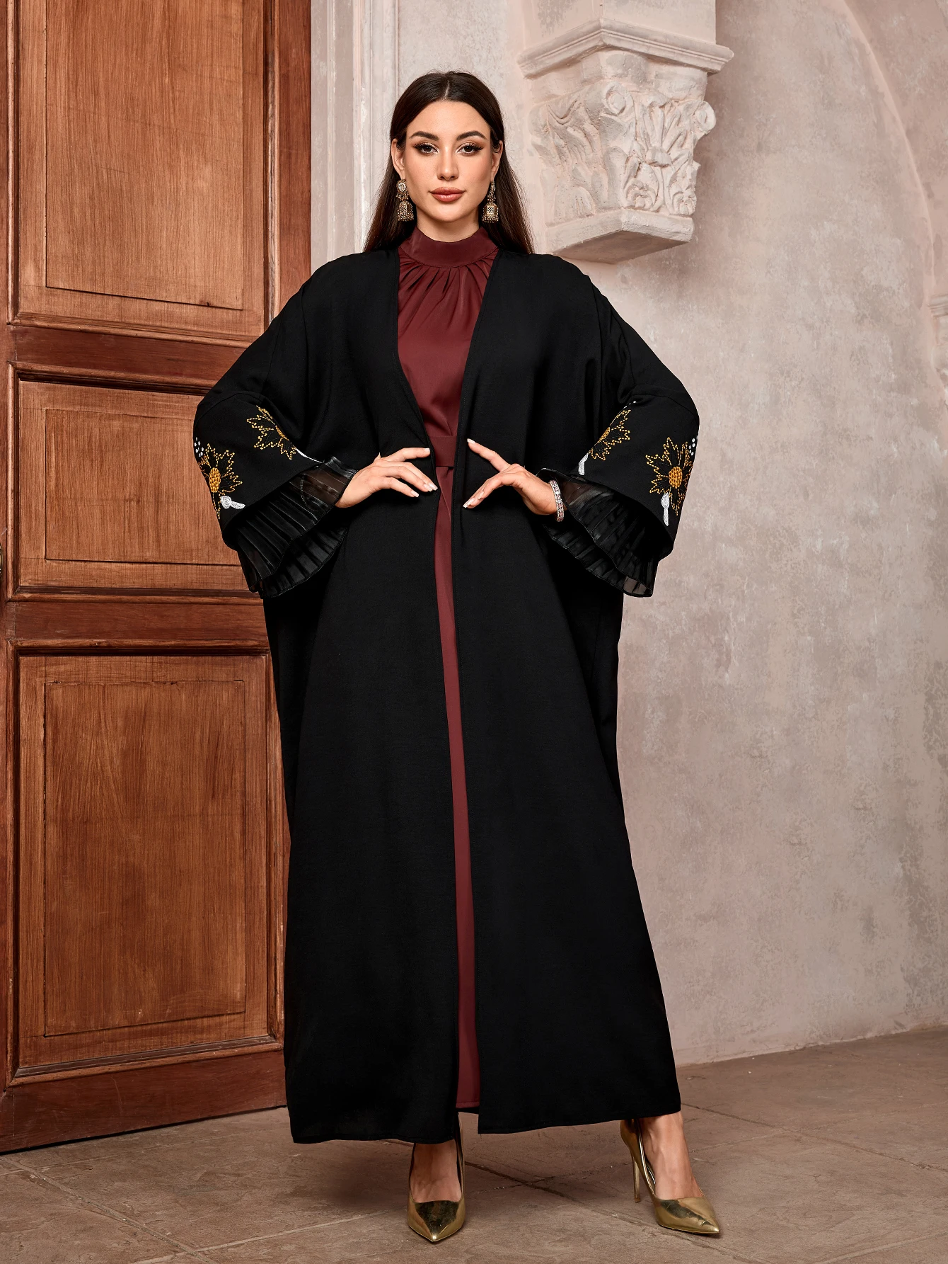 2025 Ramadan Eid Black Embroidery Open Modest Abaya Dubai Muslim Kimono Abayas For Women Kaftan Dresses Islamic Clothing