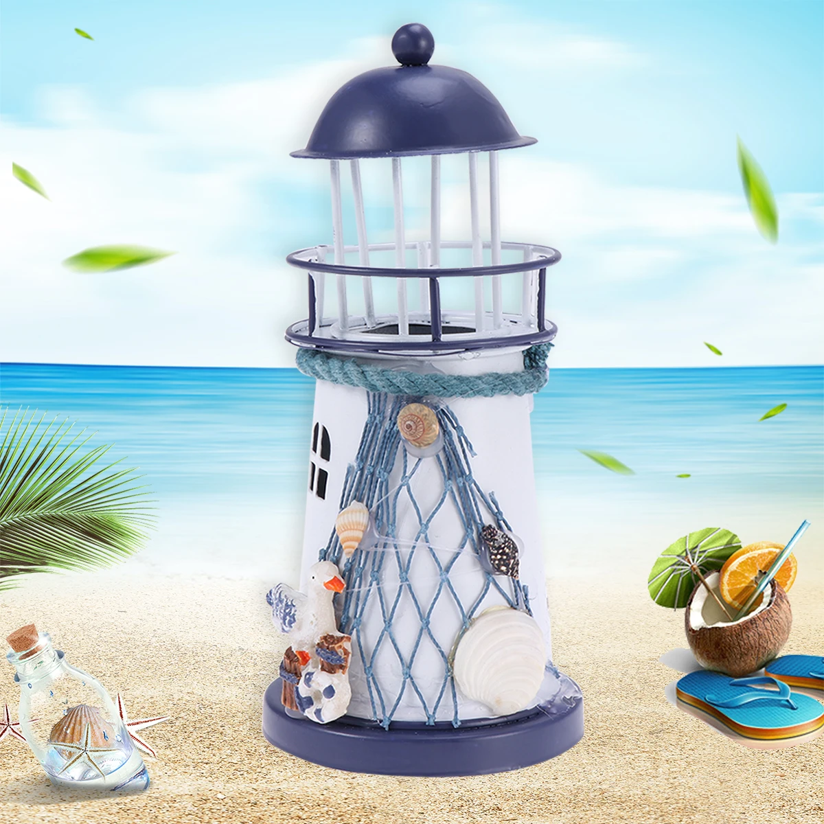 

Lighthouse Decor Mediterranean Style Hand Painted Nautical Marine Tealight Holder Ocean Beach Theme Home Kids Decorative
