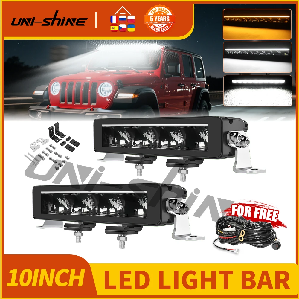 UNISHINE 10 pouces barre lumineuse LED mince 12V 24V 3500K 6500K DRL blanc et ambre lumière de conduite hors route lampe de conduite barre lumineuse de travail LED