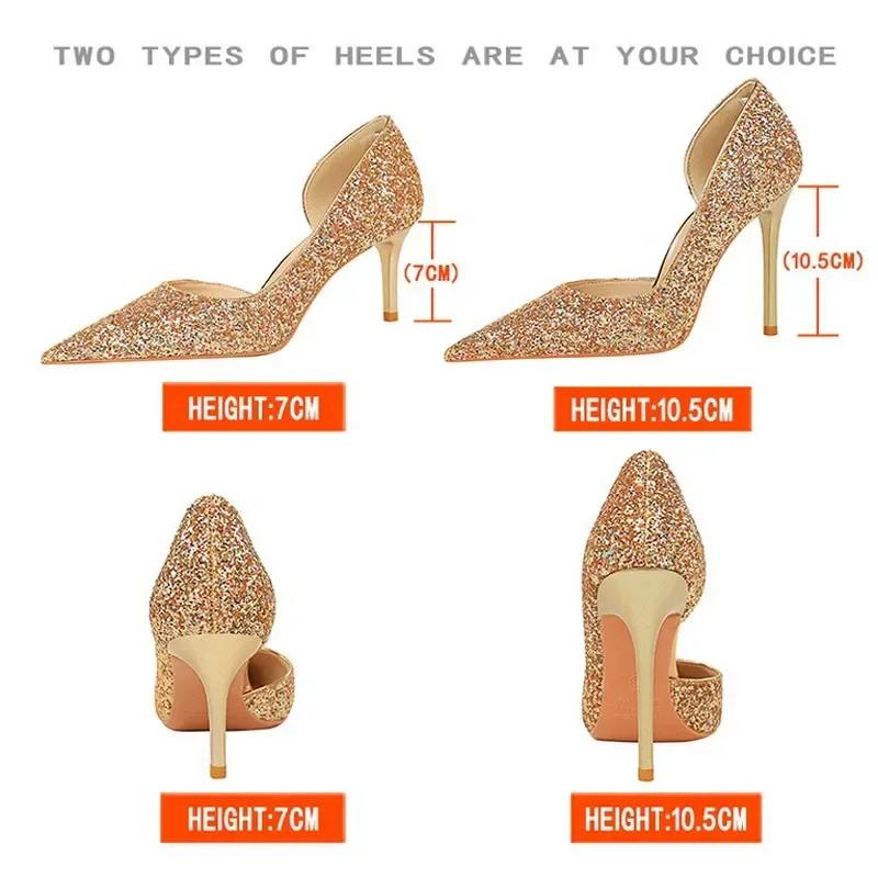 BIGTREE Sexy Stripper Pointed Toe Banquet Woman Pumps Stiletto High Heel Shallow Side Hollowed Out Glitter Sequin Wedding Shoes