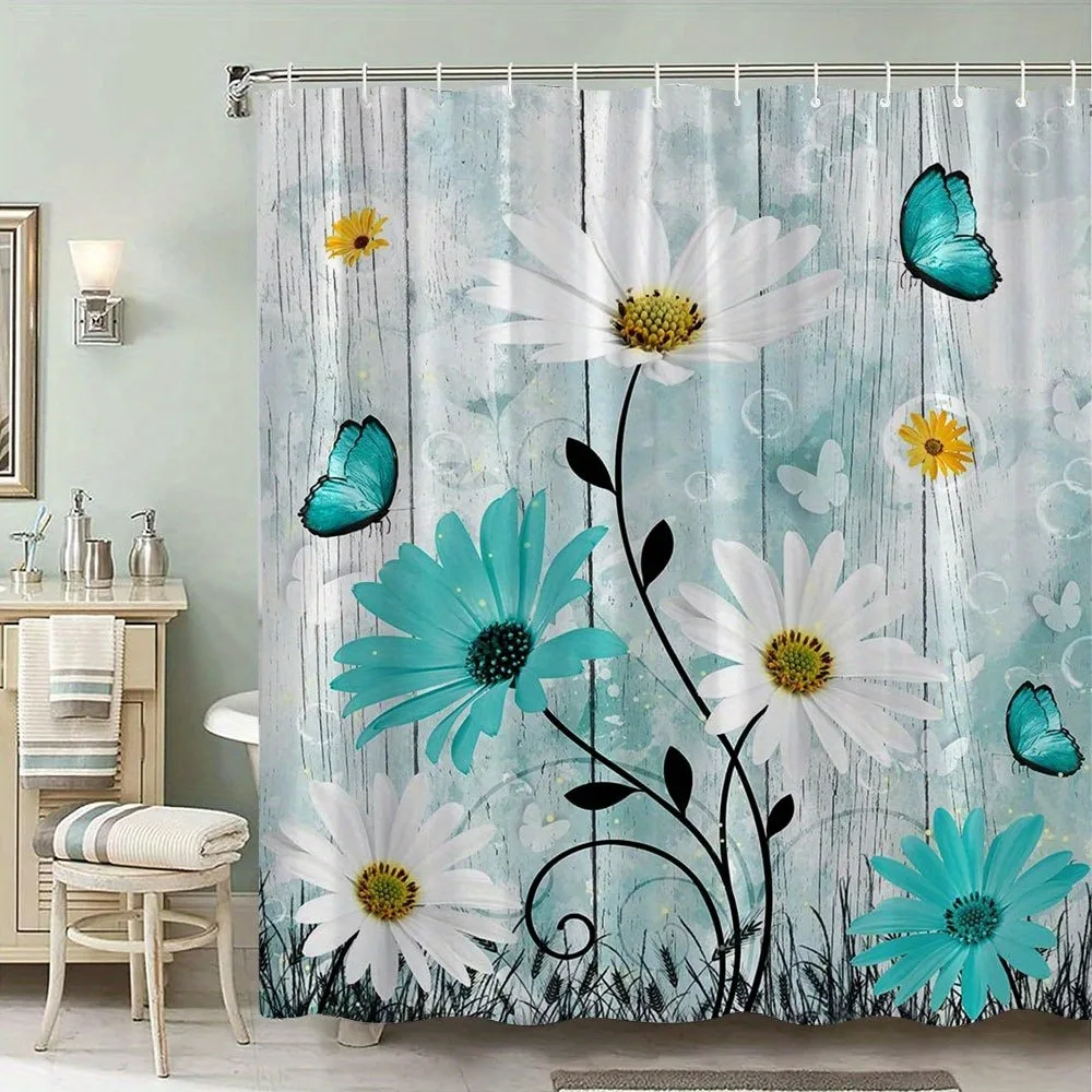 

Ярко цветная занавеска для душа с ромашками-бабочками, моющаяся грязеотталкивающая насадка для душа, водонепроницаемая полиэстеровая занавеска для ванны