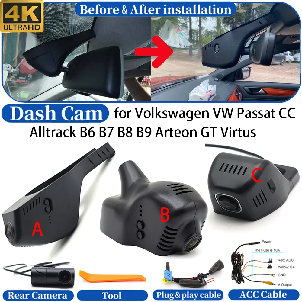 Cámara para Tablero de Instrumentos para Volkswagen VW Passat CC Alltrack B6 B7 B8 B9 Arteon GT Virtus, Grabadora de Video DVR 4K UHD