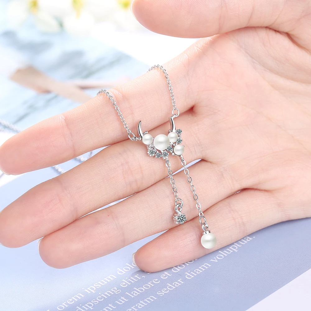 

Delicate Moon Long Tassel Pendant Necklace 925 Sterling Silver Pearl Charm Clavicle Chain Necklace For Women S-N522