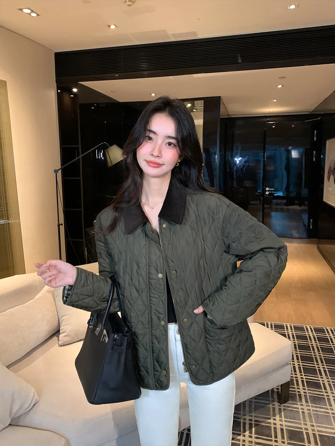 

Maven Lin Women's Loose Commute Cotton Jaet Diamond Pattern Collar Coat Long Sve Winter Faion Ladies' Clothing