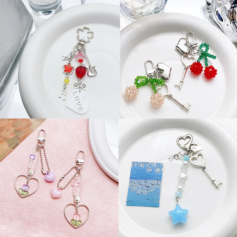 Cute Sweet Strawberry Heart Bowknot Keychain Pendant For Women Girls Fashion Lovely Backpack Hanging Decoration Accessories Gift