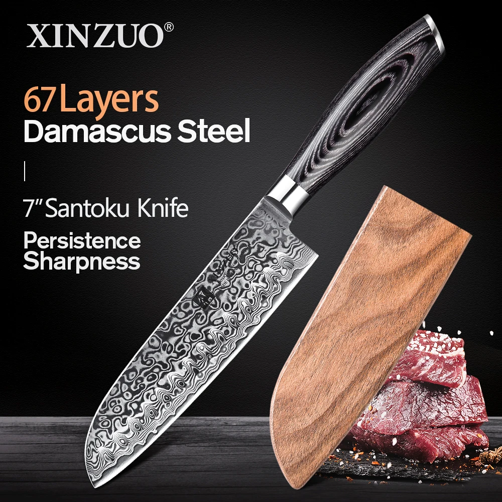 XINZUO 7 inch Santoku Knife 67 Layers Damascus Razor Steel Professional Chef Knife New Chinese Kitchen Knives Pakkawood Handle