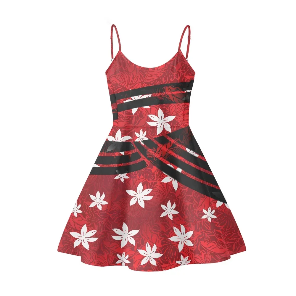 Summer Women Mini Slip Dress Spaghetti Strap Polynesian Tribal Clothing Samoan Fijian Red Tiare Sublimation Print For Beach 2023