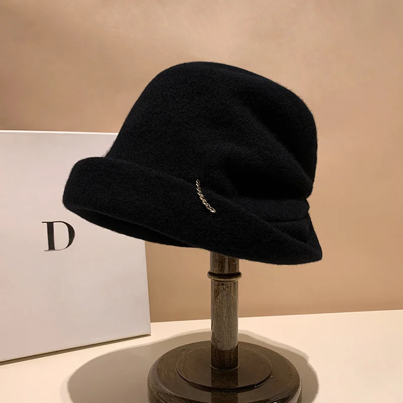 

Women's Chain Decor Wool Slouchy Hat Autumn Winter Casual Warm Fisherman Cap Face Slimming Cold Weather Fashion Beanie Soft