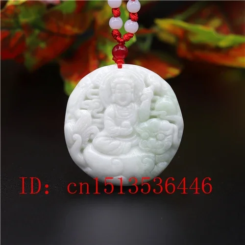 Chinese Natural White Jade Manjusri Bodhisattva Pendant Necklace Charm Jewellery Carved Amulet Fashion Accessories Gifts Women