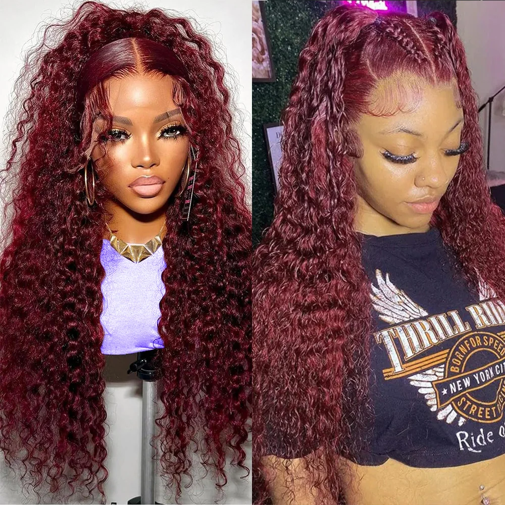 

99J Burgundy 40 In Deep Wave 13x6 Lace Front Wig Curly Red Colored 13x4 HD Transparent Lace Frontal 100% Human Hair 200 Density