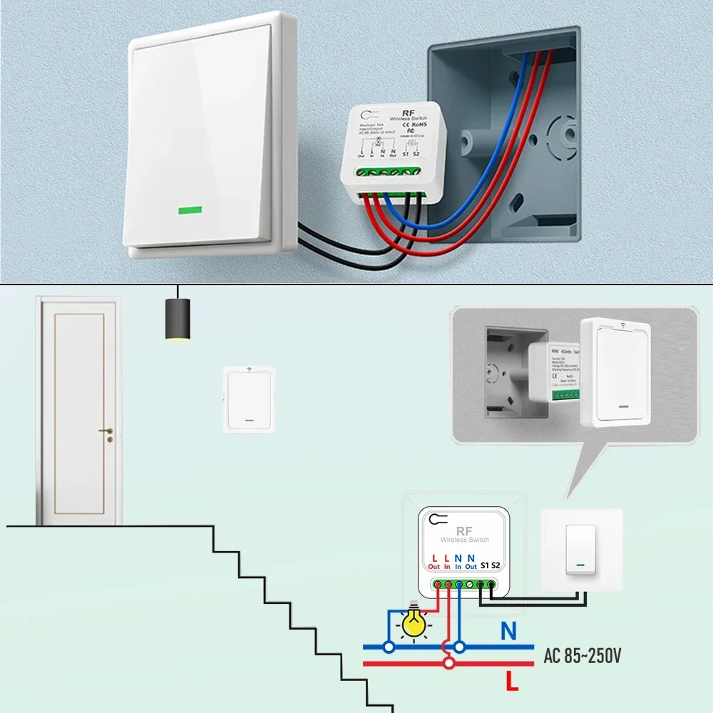 RF433Mhz Wireless Remote Control Light Switch 2Way Control 110V 220V 230V 16A Mini Receiver Wireless Wall Panel Timing Function