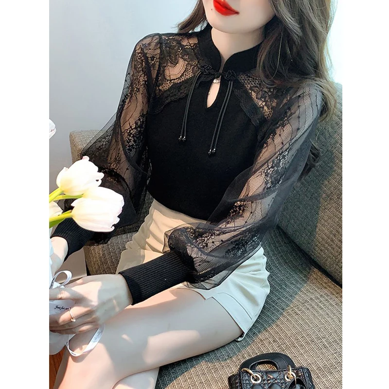 Women Vintage Chinese Style Sexy Sheer Mesh Lace Patchwork Chic T-shirt Female Black Elegant Fashion Long Sleeve Slim Fit Tops