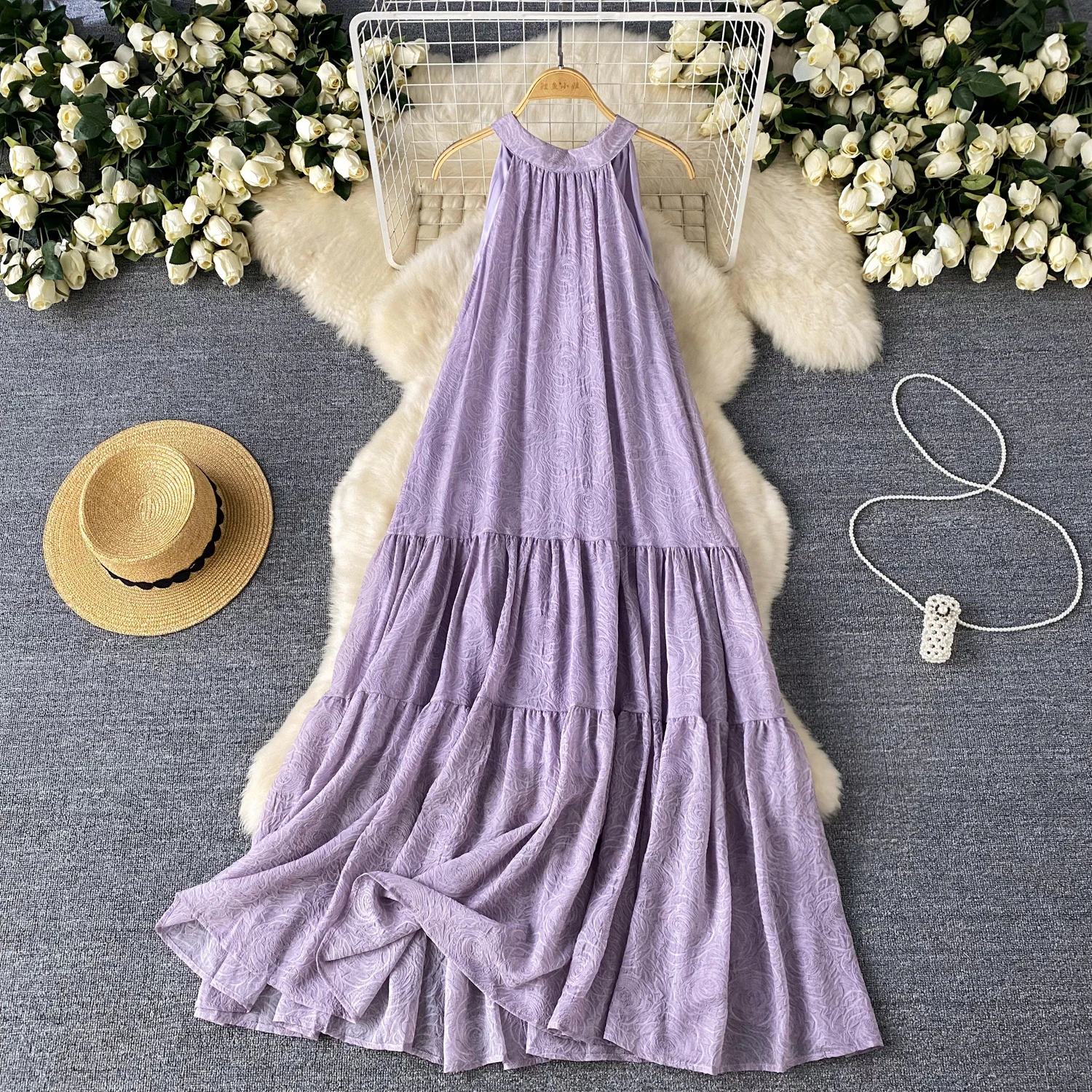 

Elegant Sexy sleeveless Halter Dress korean fashion Fairy A-line Vestidos Women Beach loose sweet ruffle Dresses