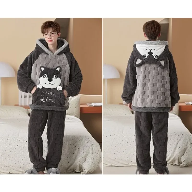 Men Pajamas Plush Coral Fleece Pajamas Autumn Winter Male Sleepwear Thicken Long Sleeves Hooded Cartoon Warm Loungewear Set