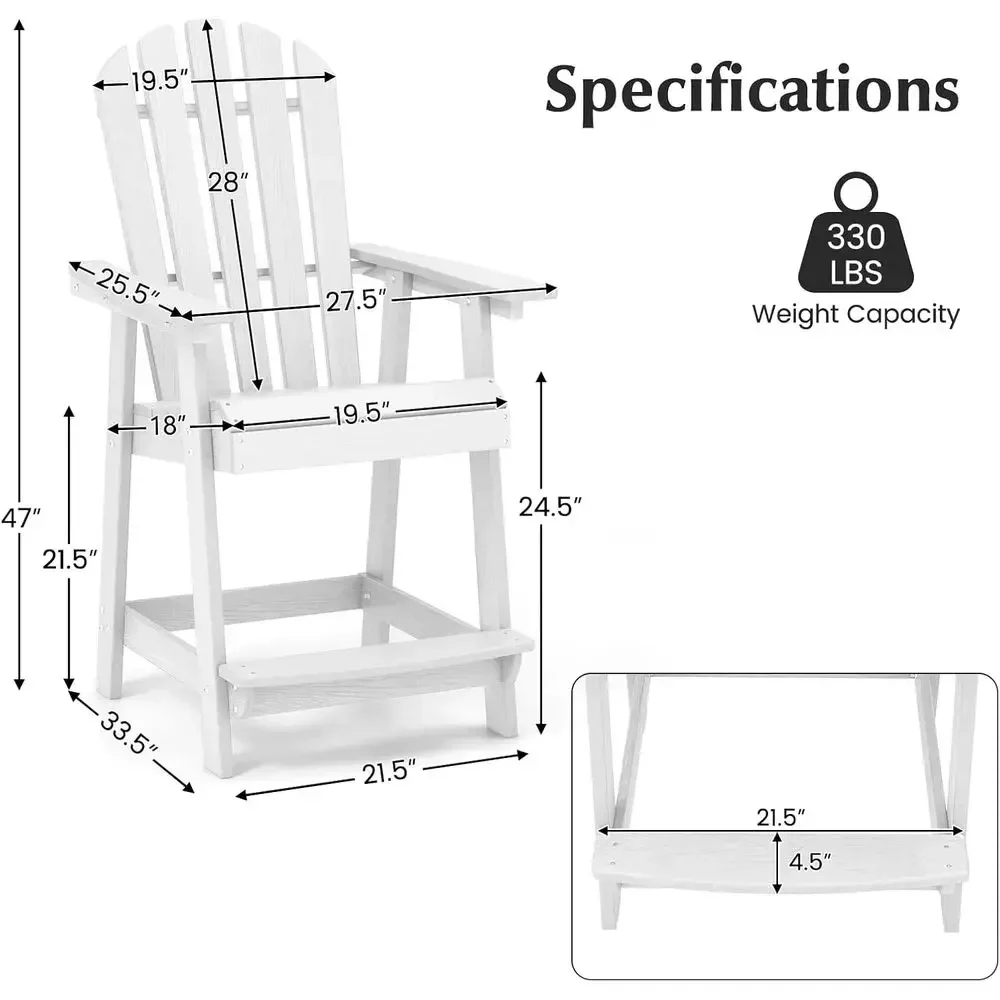 Weatherproof HDPE Adirondack Chair with Armrest and Footrest, 47 Counter Height Outdoor Bar Stool for Patio, Garden, Deck, or Ba